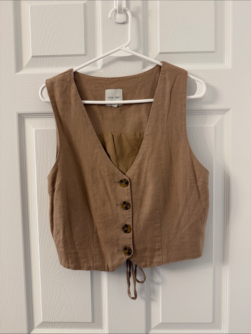 Love Tree Tan Brown Linen-Blend Button Front Crop Vest